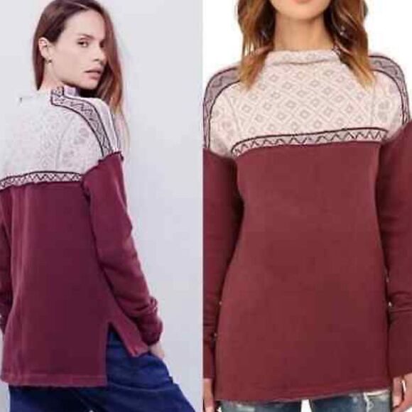 Free People Snow Bunny Fair Isle Mixed Media Sweatshirt Pullover Sweater XS - Picture 1 of 11